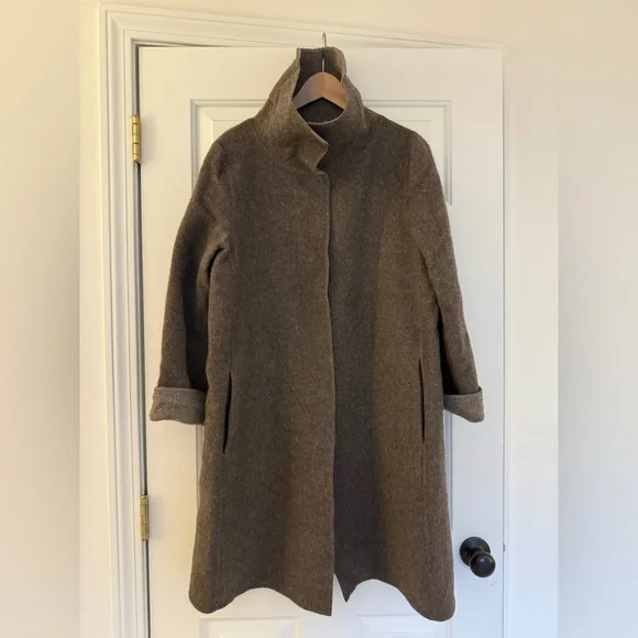 Eileen Fisher Small Alpaca / Wool Coat Jacket Brown Funnel Neck - Picture 1 of 12